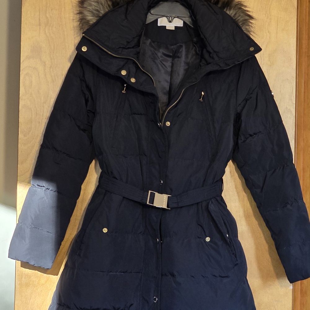 MICHAEL Michael Kors Navy Belted Puffer Coat with Faux Fur Hood
